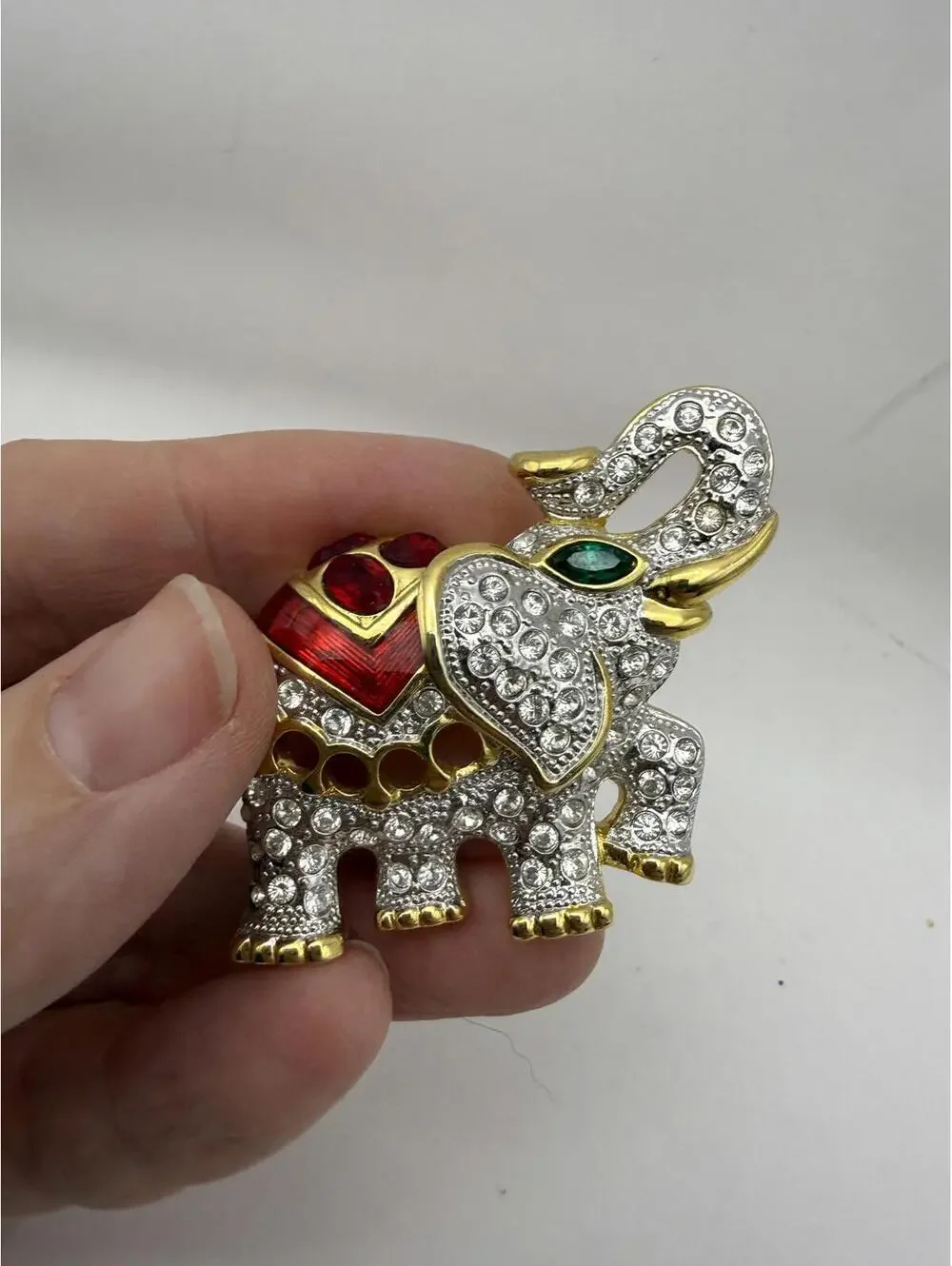 Vintage Elephant Brooch with Rhinestones and Enamel Detailing